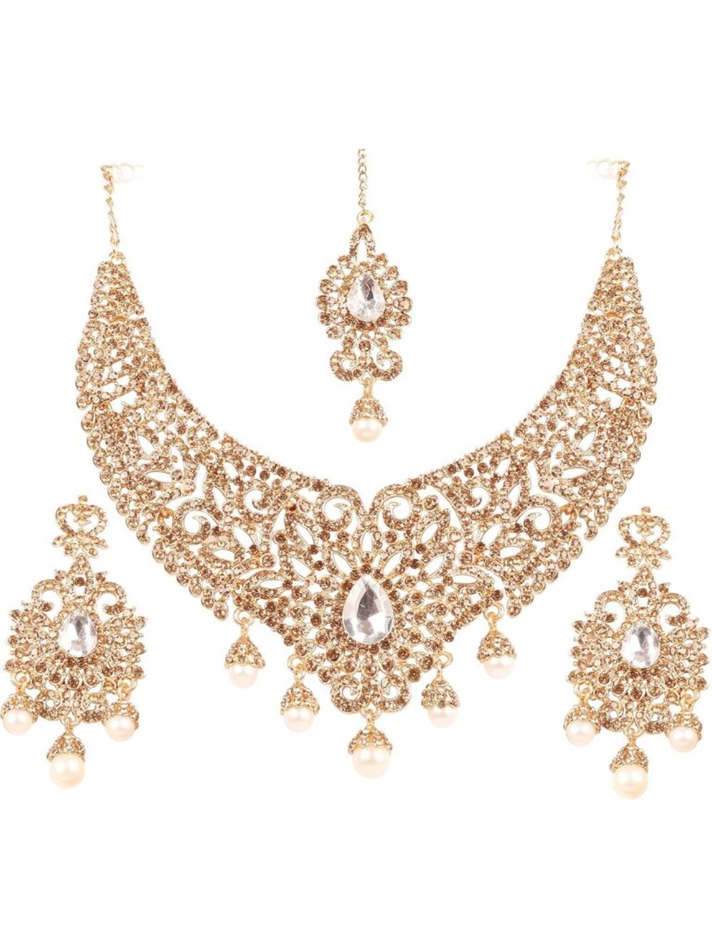 Elegant Indian Jewelry Set for Women - Tikka, Necklace & Earrings - Bridal